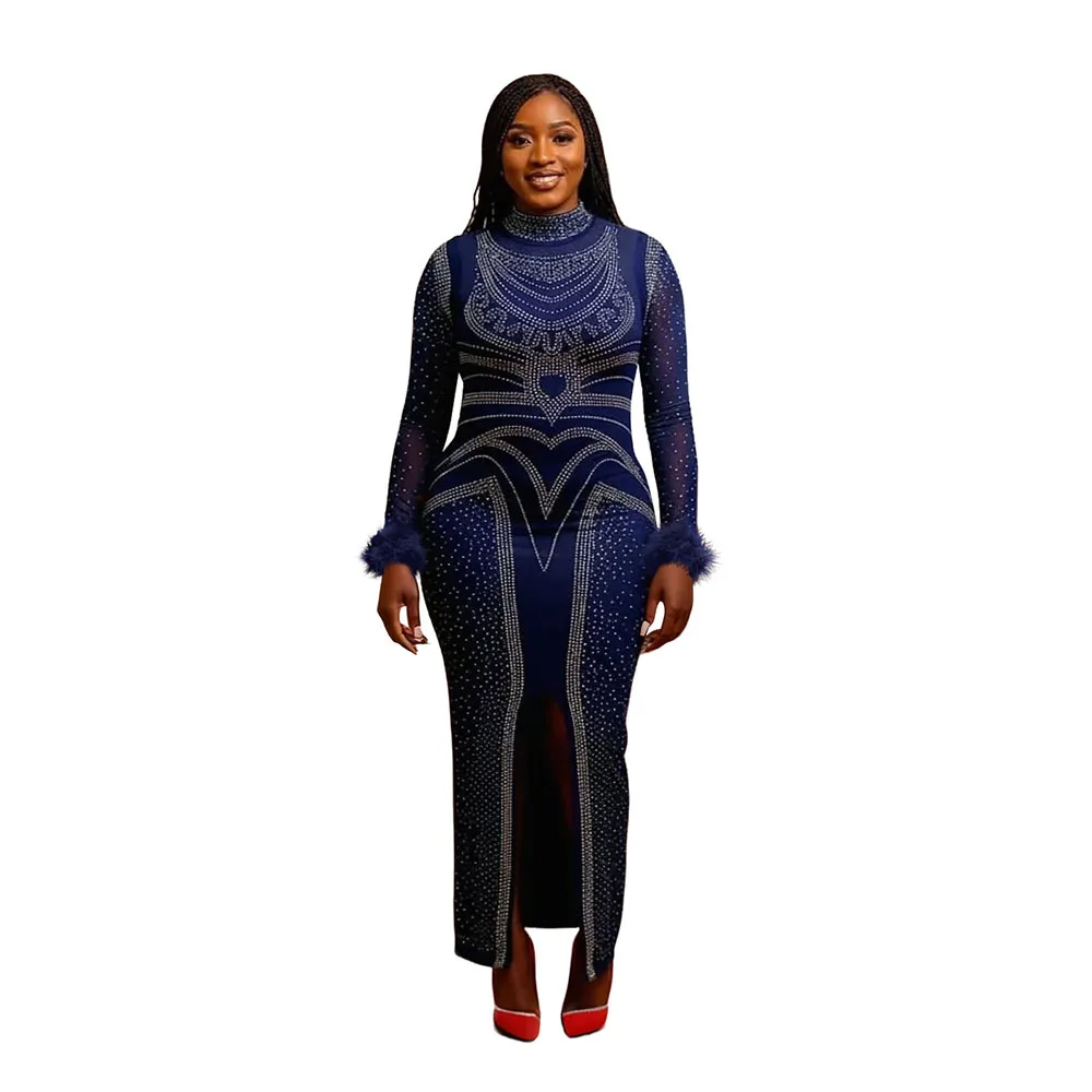 EINY Luksusowe Wieczorowe Sukienki Damskie Afrykańskie Diamenty Wysokie Rozcięcie Obcisłe Sukienki Maxi z Piórami Długi Rękaw Seksowne Sukienki na Urodziny Ślubne Eleganckie