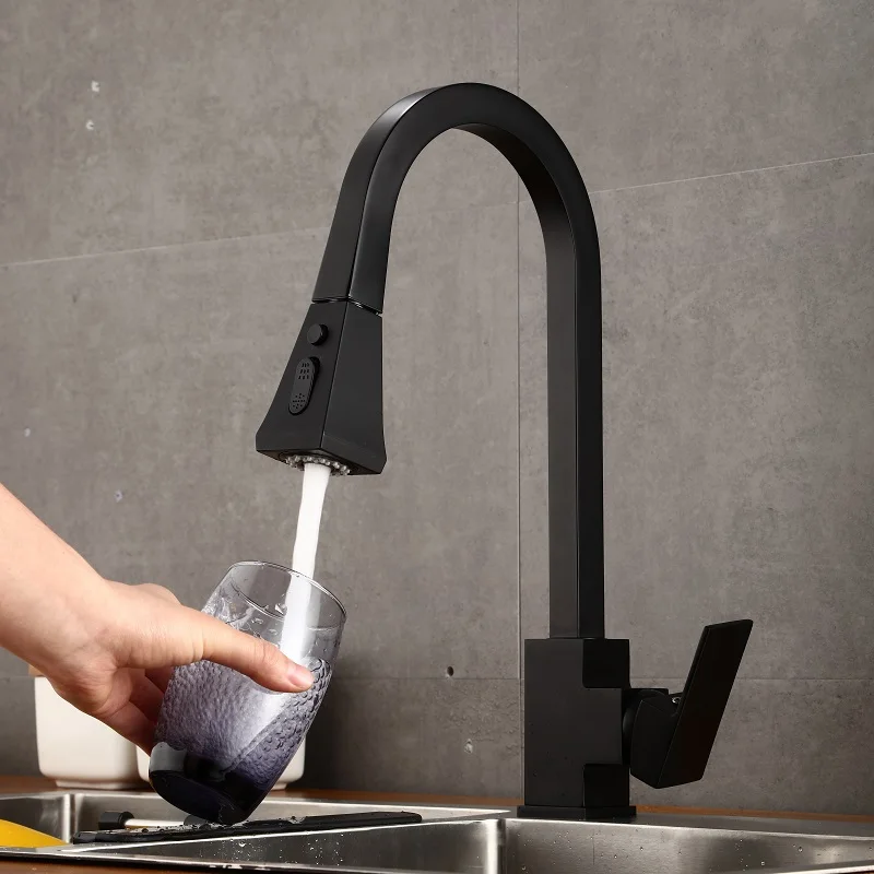 탭 흑백 주방 수전 접시 대야, 온냉 풀아웃 회전 가정용 샤워헤드 싱크대 대야 수전, 모든 구리