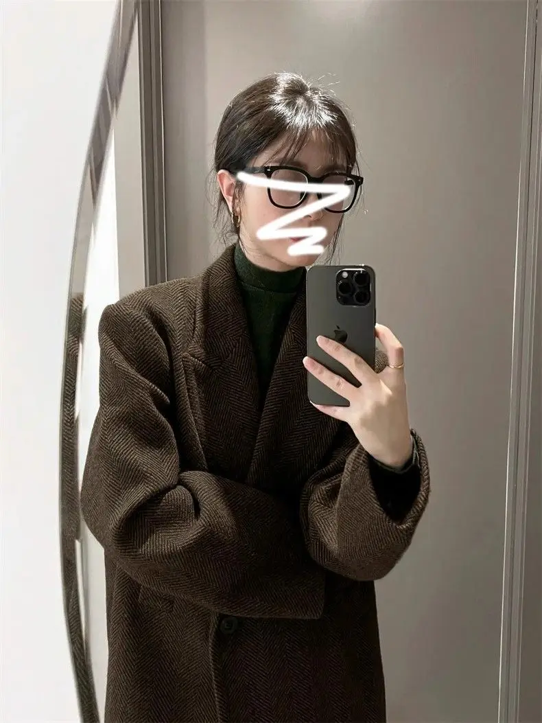 

Wool Blend Coats Mid Long Womens Coat Black Fall Velvet Lined Contrasting Modern Style Study Artistic Leisureful Versatile Thick