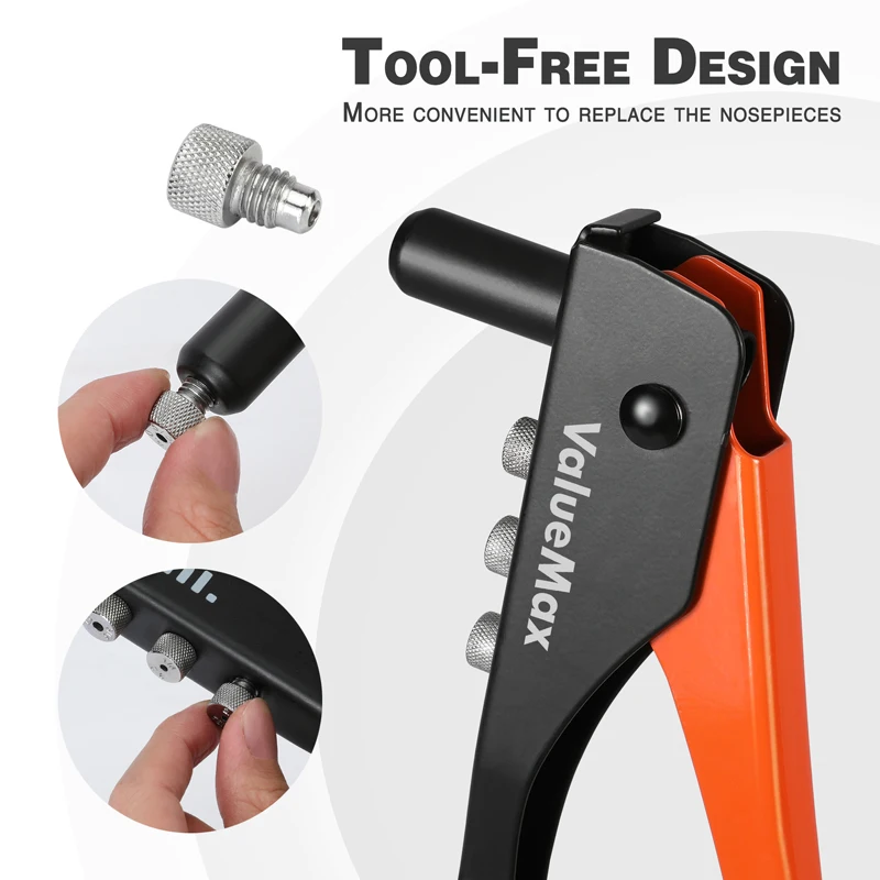 ValueMax-Manual Profissional Rivet Gun Set, Hand Riveter Tool, Reparação Em Casa e DIY com 200 Rebites, 2.4mm, 3.2mm, 4.0mm, 4.8mm