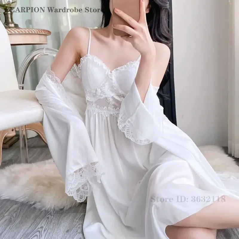 

Элегантный комплект: длинная ночная сорочка и халат, сексуальное кружевное белье, пеньюар для невесты, ночная одежда для сна, весенне-летняя домашняя одежда для женщин