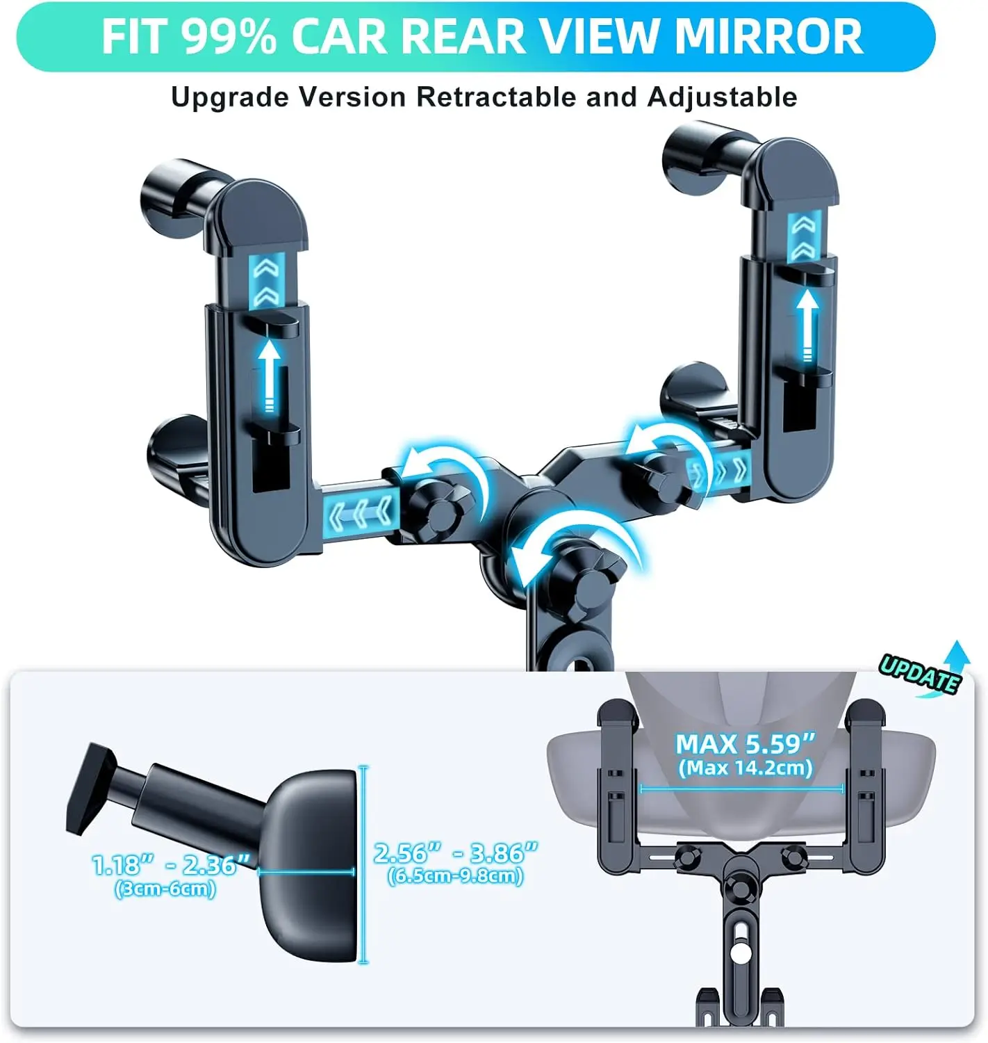 Phone Mount for Car, 360° Rotatable and Retractable Mount Free Adjustment Rear View Mirror Phone Holder t Fit for All Smartphone