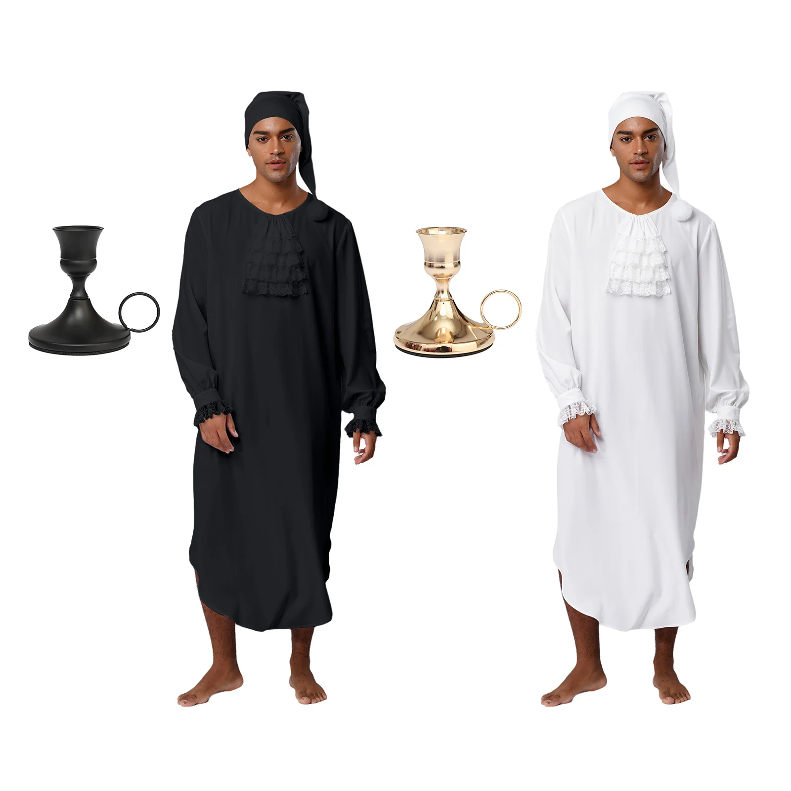 Mens Medieval Victorian Nightgown Long Sleeve Lace Trim Ruffles Collar Night Dress with Hat Candle Holder for Halloween Cosplay - view 5
