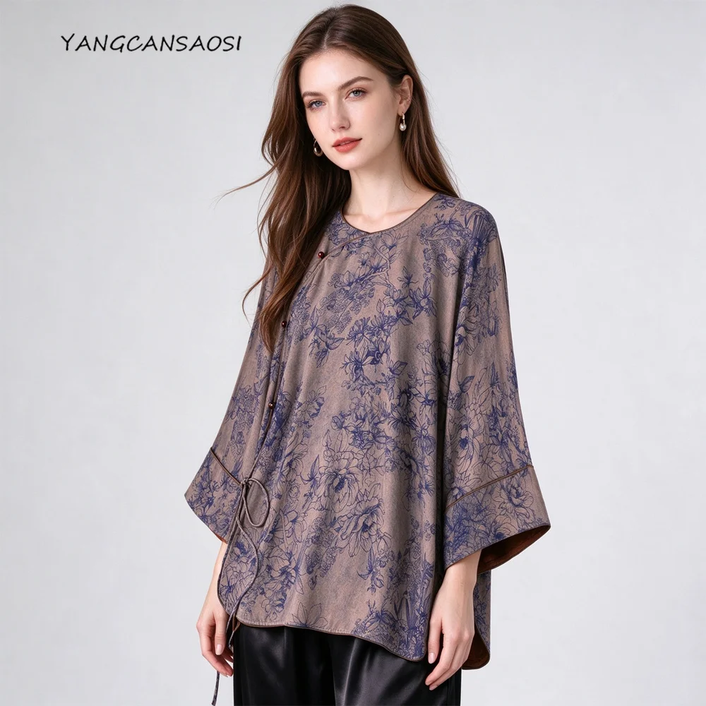2026 Women's Fashion Autumn New Peony Print 100% Natural Mulberry Silk Gambiered Guangdong Gauze Round Neck Long Sleeve Shirt