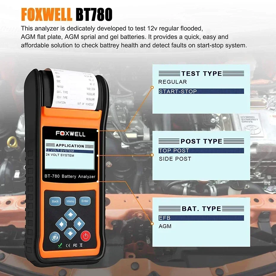 FOXWELL BT780 12V Battery Tester check health AGM GEL EBP Batteries Analyzer Built-in Printer 12V-24V Starting Charging System