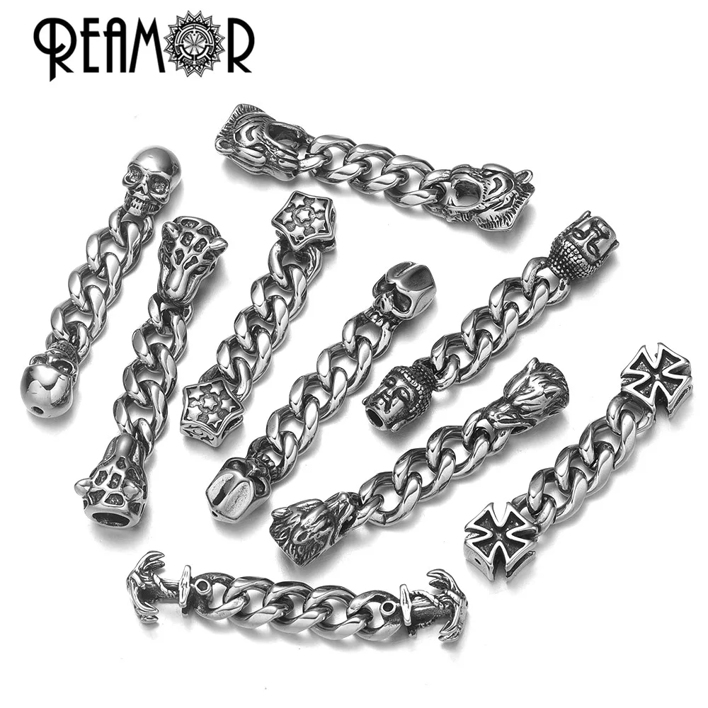 REAMOR 2pcs Stainless Steel Skull Wolf Chain Connectors For Beaded Bracelet Jewelry Making DIY Anchor Cross Component Connectors