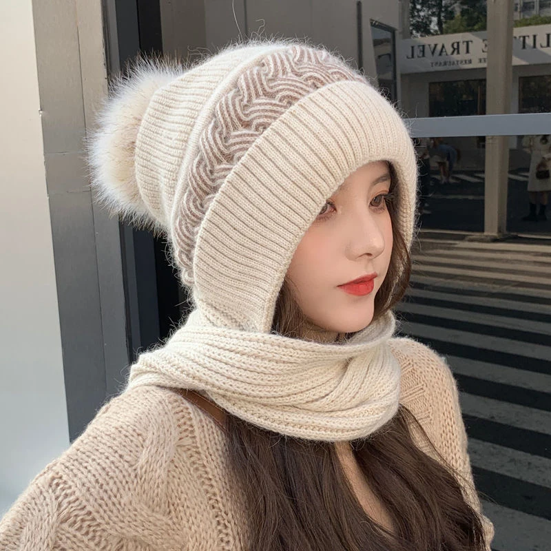 Women Winter Hood Beanies Thick Woolen Knitted Hat+Scarf Fur Pompom Crochet Bonnet Outdoor Ski Female Cap Warm Headgear