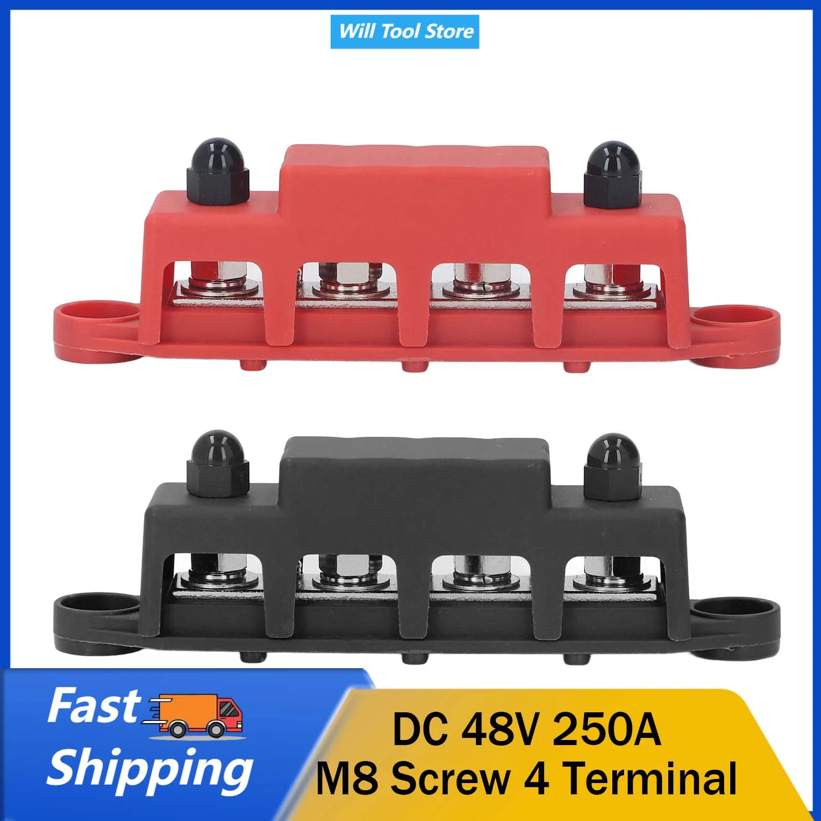 Produktbild von Stromverteilerblock Mit M8 Schraube – 4 Terminals, DC 48V, 250A – Für Auto, Boot, Wohnmobil & Co.