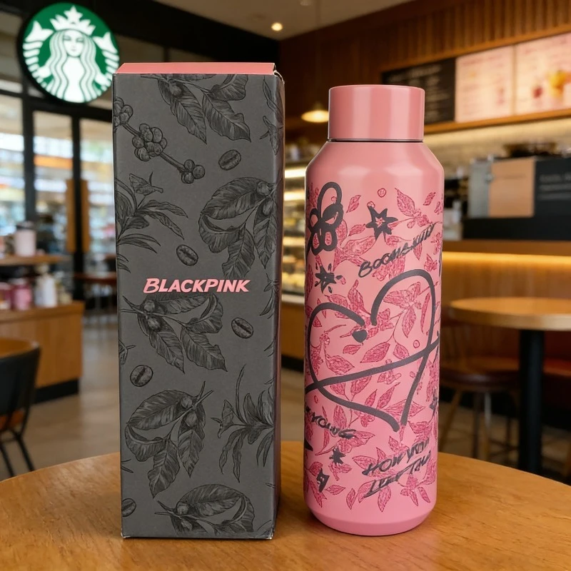 Garrafa de Aço Inoxidável Inspirada na Starbucks BLACKPINK 500ml, Garrafa Térmica Gradiente Rosa, Presente para Fãs de Kpop e Amigos
