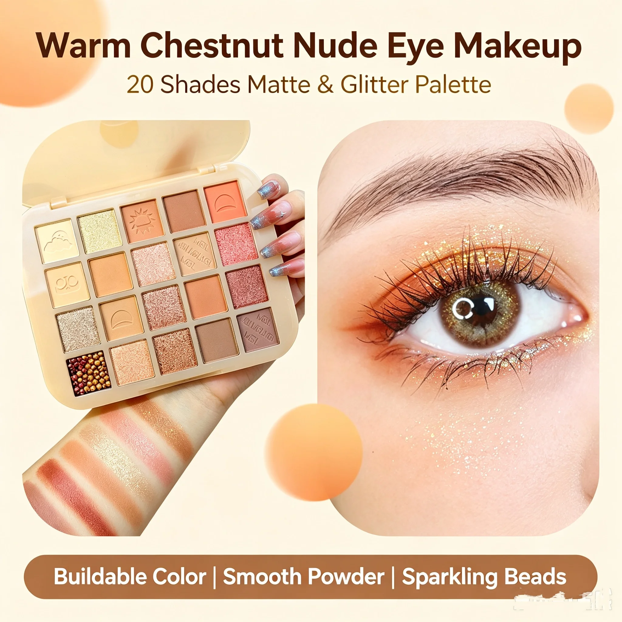 20 Colors Chestnut Eyeshadow Palette, Matte Shimmer Glitter Beads, Highly Pigmented Warm Brown Orange Nude Eye Makeup