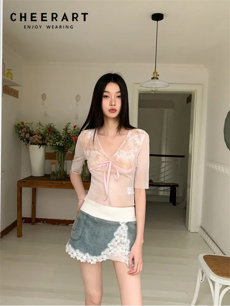 Cheer art Tie Dye Pink Bow Mesh niedlichen Top für Frauen Sommer Halbarm T-Shirt V-Ausschnitt Spitze Crop Top koreanische Mode
