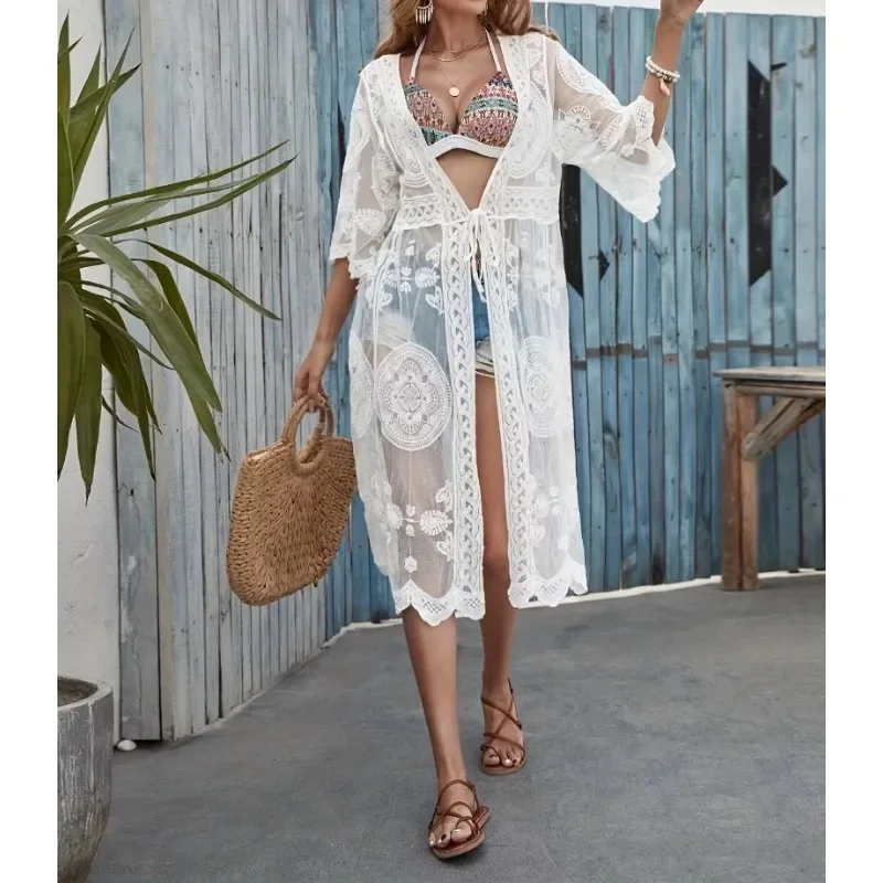 Verão sólido boho bikini cover-ups rendas longo praia maiô feminino bordado rendas proteção solar praia cardigan