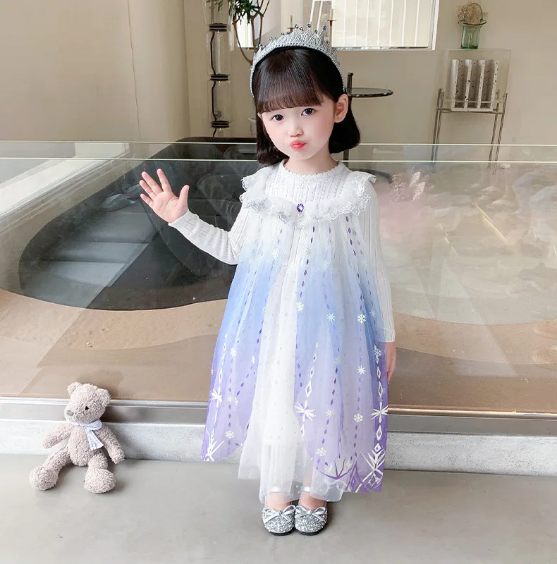 Snow and Ice Ceremonial Dress Spring Elsa Frozen for Girl Gradient Color Sweater Snow Kids Birthday Party Summer Princess Dress