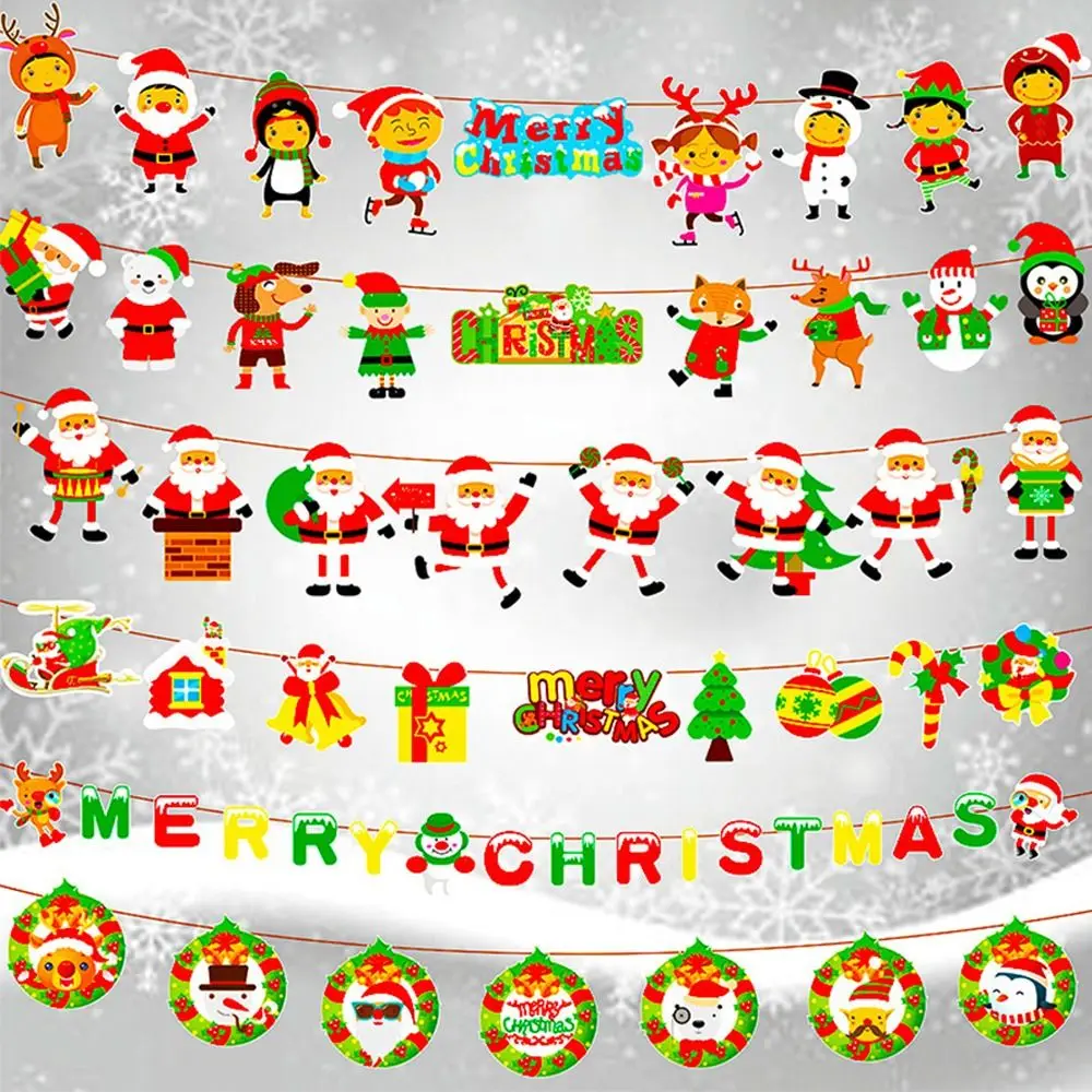 

Cartoon Paper Christmas Flag Santa Claus Background Wall Xmas Pull Flag Christmas Theme DIY Hanging Bunting Party Supply