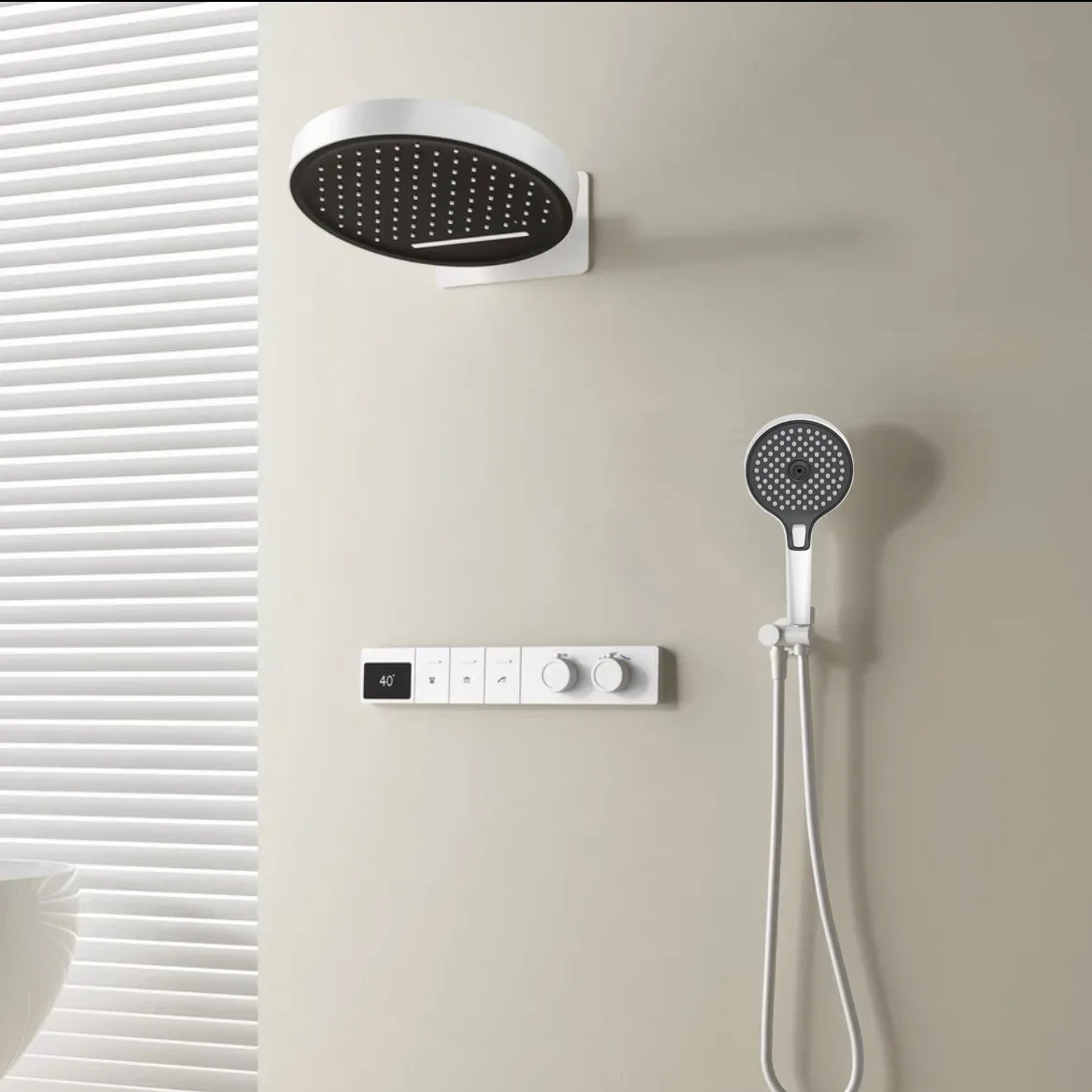 Hidden Shower Set, Smart Digital Display, Matte White Gold, Full Copper, Wall-Mounted, Thermostatic, Embedded Installation