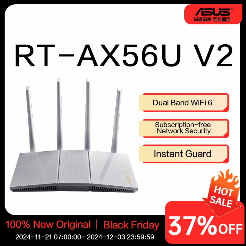 Asus RT-AX56U V2 (WiFi 6 AX1800) Dual band AiMesh 802.11AX Router WiFi AiProtection Instant Guard, Parental Controls