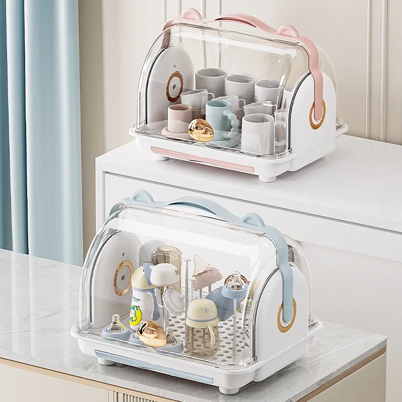 Boîte de rangement pour bébé avec couvercle, égouttoir à bouteilles anti-poussière, vaisselle pour bébé, outils supplémentaires pour aliments, organisation et rangement