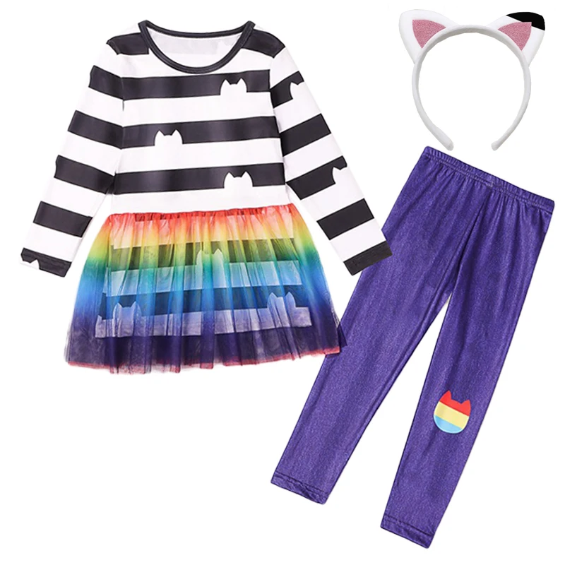 Girls Rainbow Tutu Skirts Top With Pants Sets Autumn Clothes Children Cats Cosplay Costume Kids Birthday Party Clothing 3-10Year