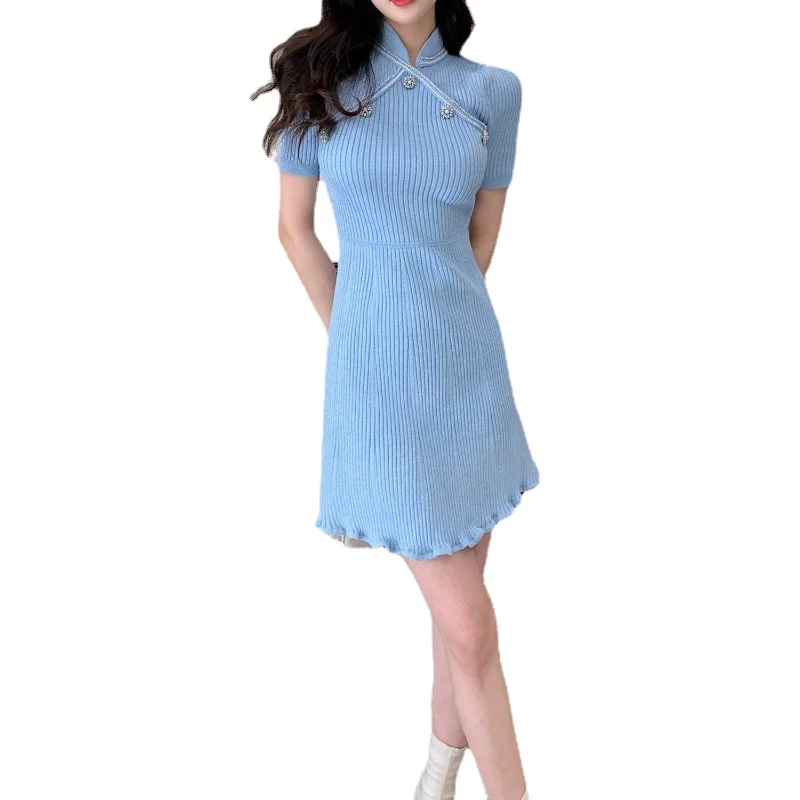 

Women 2024 Spring New Knitted Blue Dress Elegant Slim Short Sleeve Party Mini Dress Women