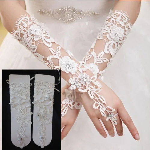 Luvas de casamento leve com contas marfim/luvas de noiva rendas florais apliques por par