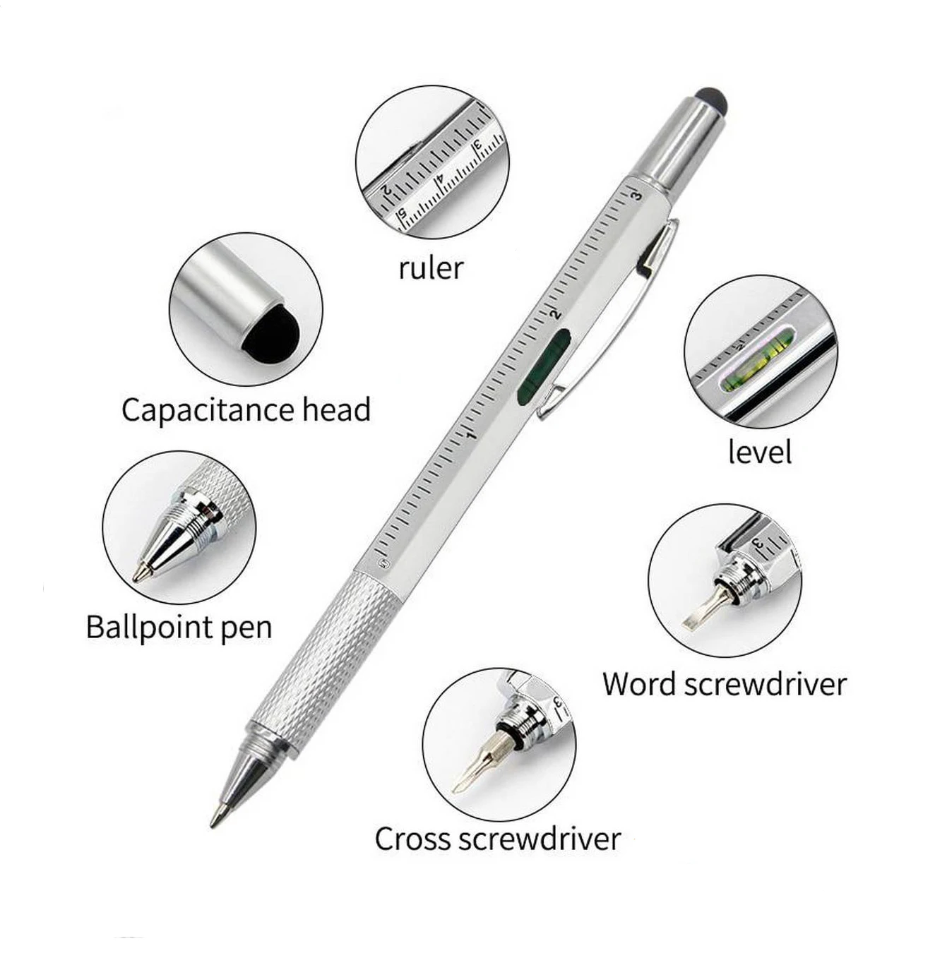 Penna a sfera multifunzione 7 in1 con strumento portatile moderno misura righello tecnico cacciavite Touch Screen livella a bolla