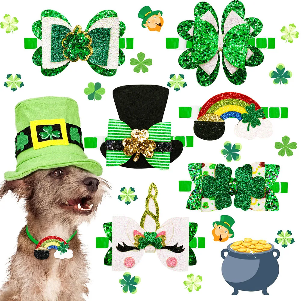 10PCS Saint Patrick's Day Dog Bowties Four-leaf Clover Bowtie for Dogs Cute Pet Cat Dog Bow Tie Collar Pet Costume Accessories