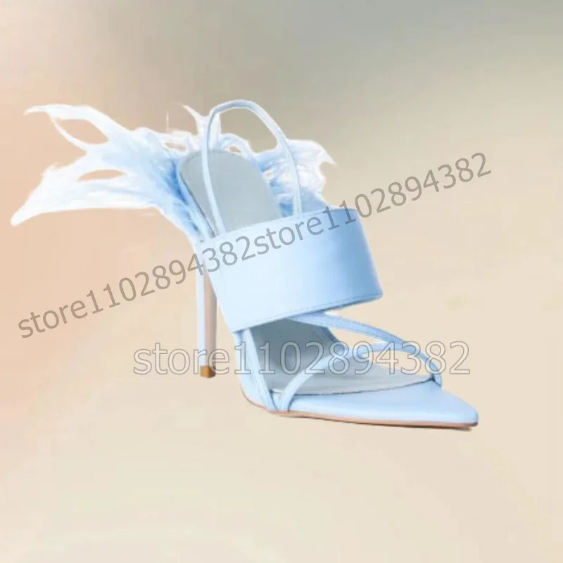 Hemelsblauw Veer Decor Strappy Open Teen Sandalen Slip Op Vrouwen Schoenen Dunne Hoge Hakken Roman Fashion Party 2023 Zapatos Para Mujere