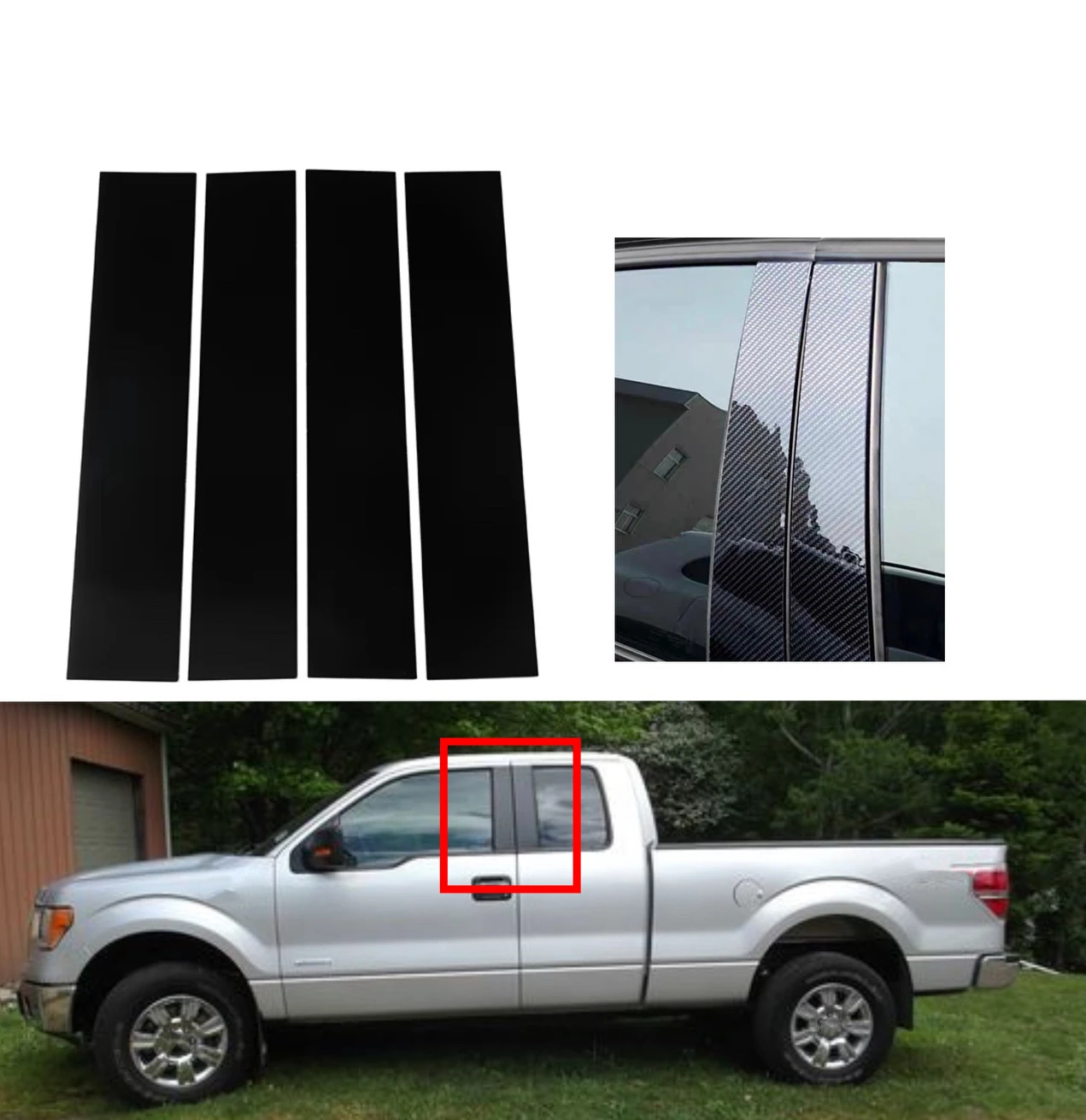 

4pcs Silver Carbon Gloss Black Pillar Post Fit for Ford F-150 Extended Cab 2004-2014 Door Moulding Trim Window Sticker