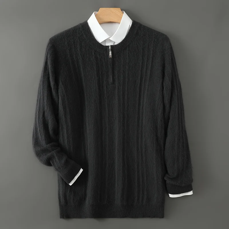 Pure mink cashmere sweater, men's sweater, knitted pullover long sleeve, Autumn/winter coat, half zip wide striped crew neck top