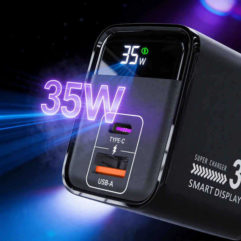 Real Time Digital Display Full Protocol 35W Charger Dual Ports A+C For Smartphones Small Appliances Fast Charging Heads EU/US/UK
