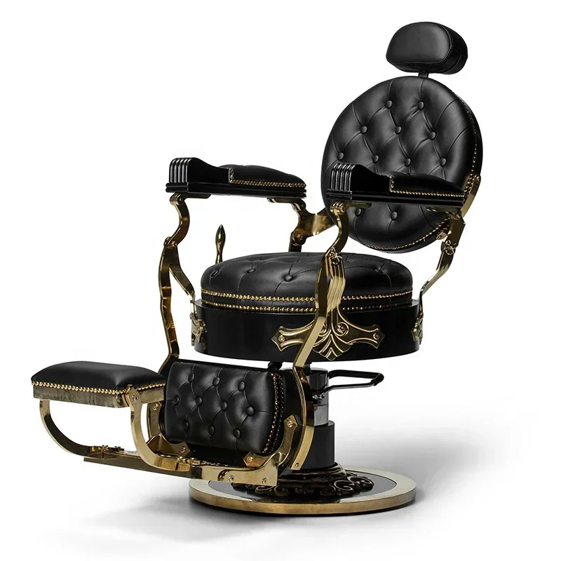 Black And Gold Silla De Barberia Profesional Antique Styling Saloon Chair Retro Barber Chair For Men