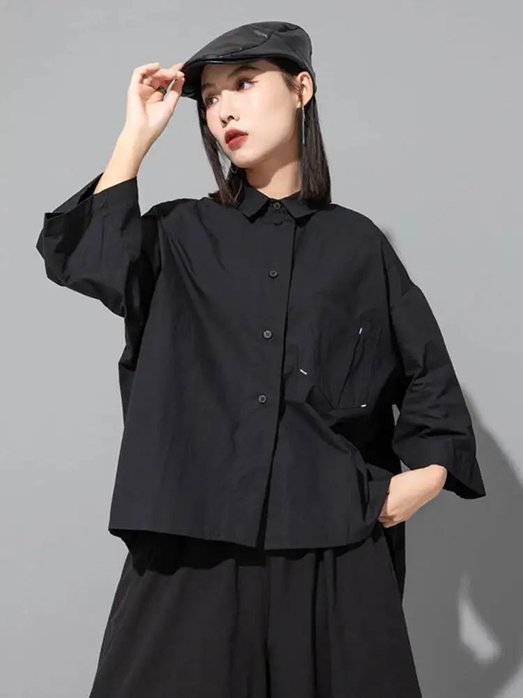 

Irregular Women Black Big Size Blouse New Lapel Three-quarter Sleeve Loose Shirt Fashion Spring Autumn 2026 UMPD