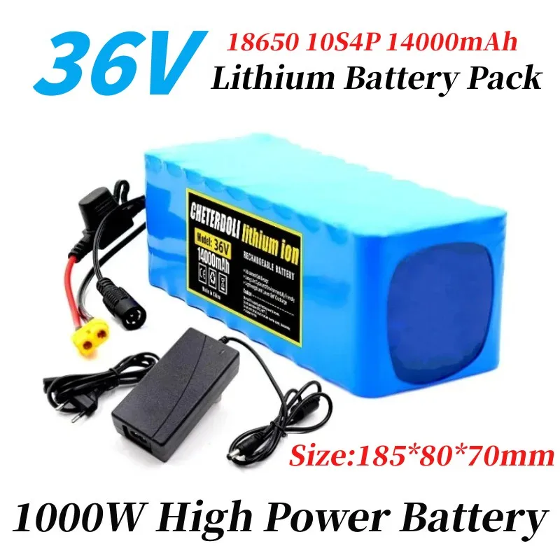 36V Battery 14000mAh 10S4P Battery Pack 1000W High Power Battery 42V 14Ah Ebike Electric Bike Wiht BMS/30A Fuse + 42V 2A Charger