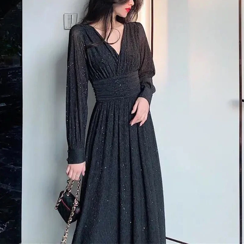 Wiosna jesień dekolt w serek eleganckie modne sukienki z cekinami kobiety z długim rękawem Temperament wieczór Party Maxi sukienka Femme Vestidos