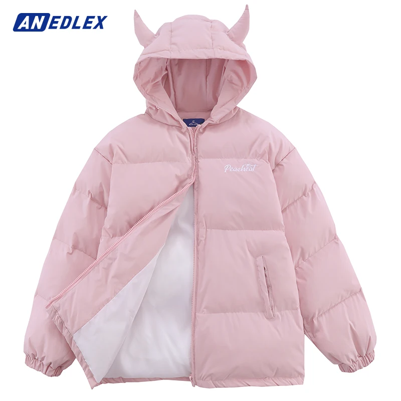 Hip Hop Men Parka Jacket Harajuku Streetwear Little Devil Designer Hooded Padded Jacket Coat Winter Cotton Thick Warm Outwear