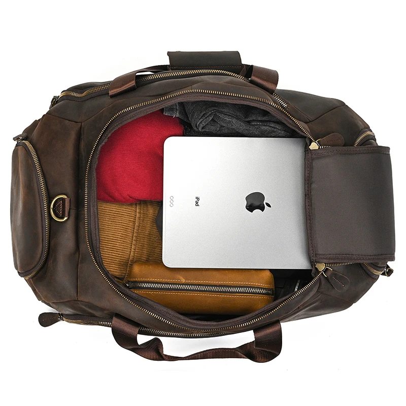 Leather Travel Bag Waterproof Outdoor Overnight Weekender Bag Men Genuine Leather Duffle Bag With Shoe Compartment