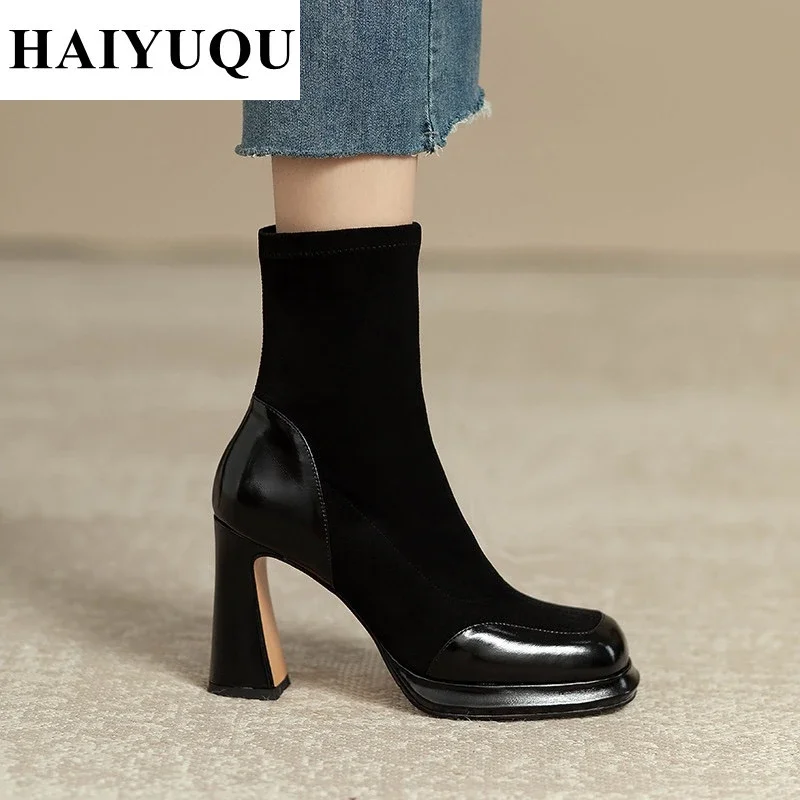 Sepatu bot tumit tinggi Suede sepatu wanita 2025 desainer baru Chunky Chelsea Fashion Goth Zip Pumps elegan gaun Botas Mujer