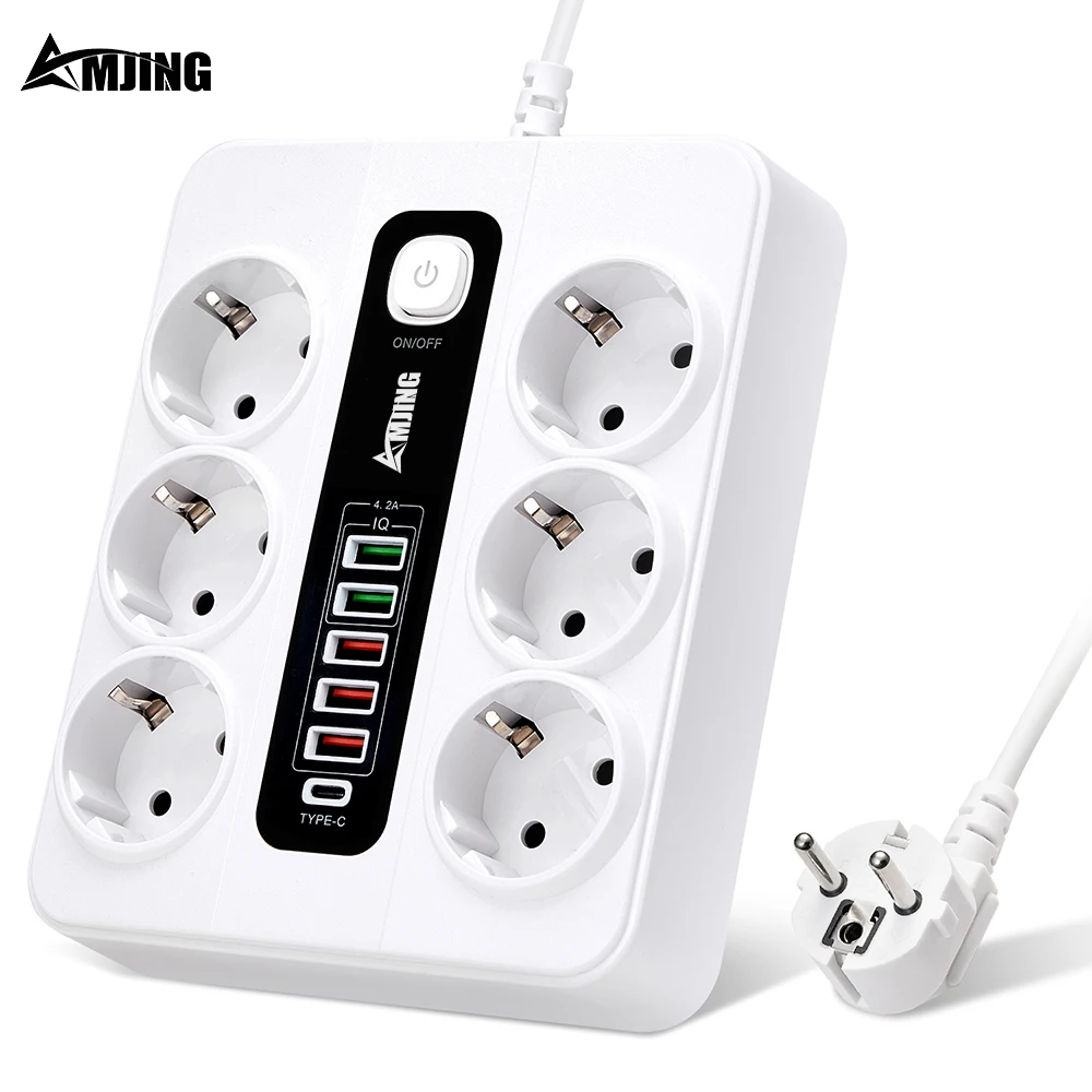 3000W 10A 250V 6 Outlets EU Power Strip with Type-C USB European Plug Socket Overload Protection Extension Socket