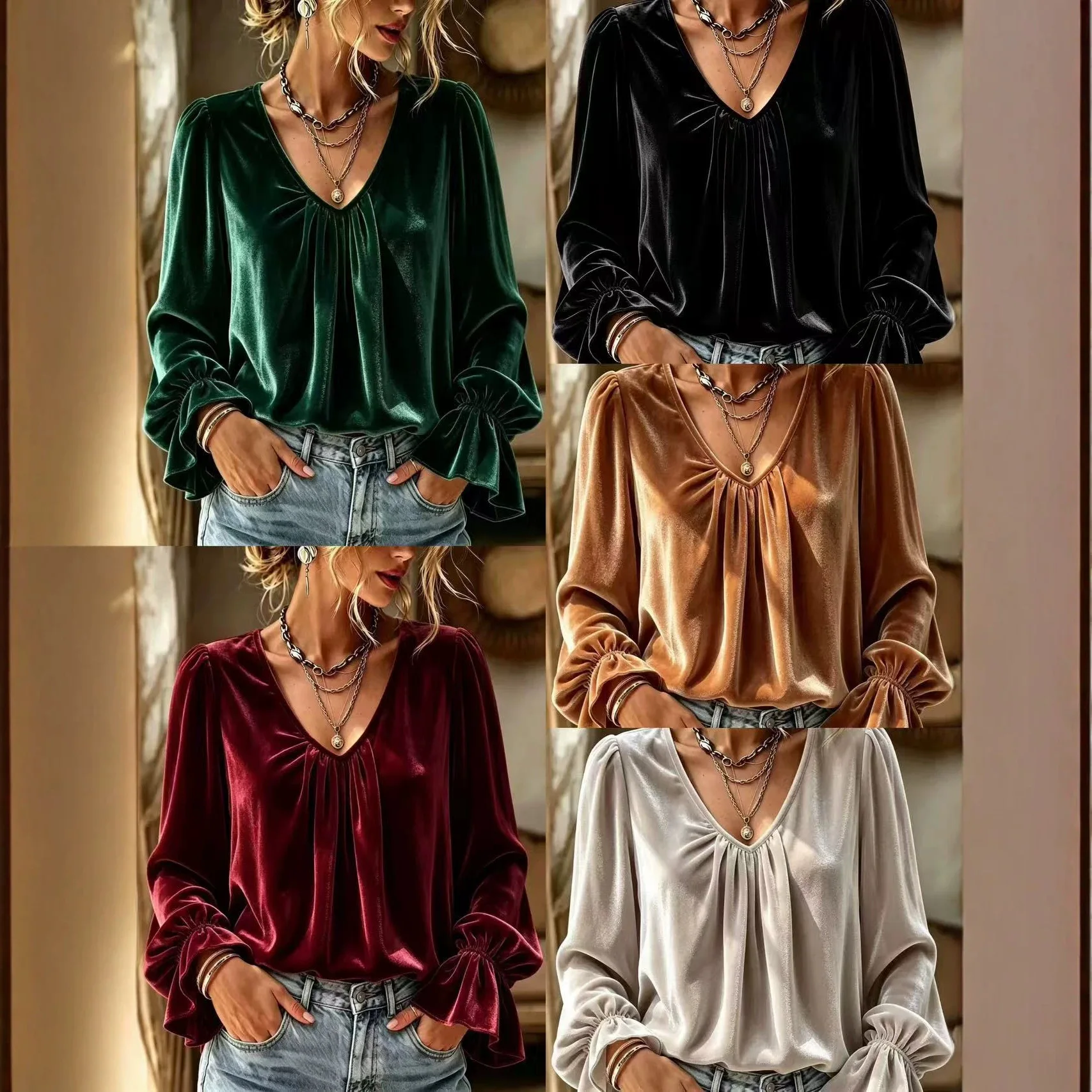 Women's Velvet Long Sleeve Blouse V Neck Gathered Front Flare Cuff Comfortable Versatile Commute Casual Daily Wear Loose Fit Top