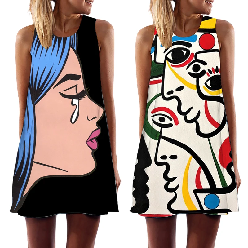 2023 Summer Women Vest Dress Sleeveless Abstract Face Art Printed O-Neck Mini Dresses for Female Casual Sweet A-Line Vestidos