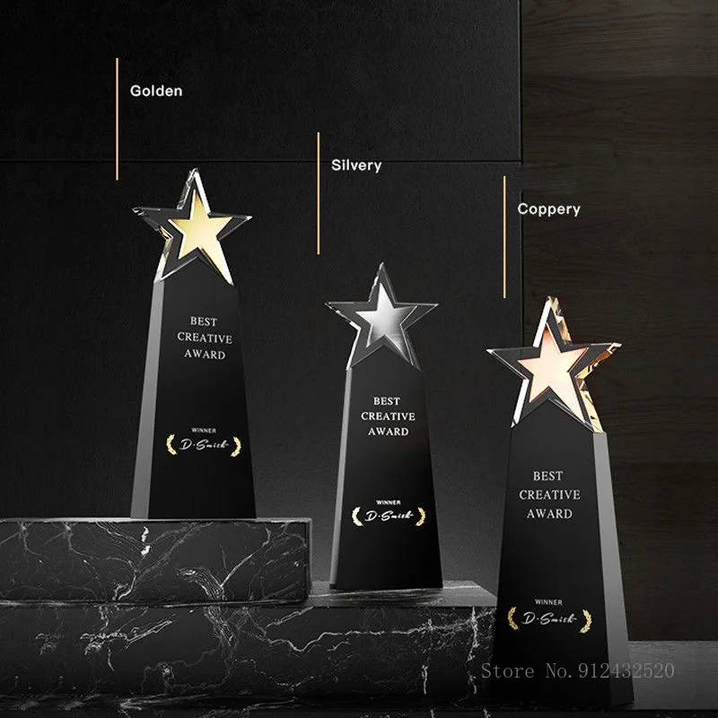 

CustomizedFive-Pointed Star Crystal Trophy, Gold Silver Copper, Celebration Gift, Competition Award, Staff Meeting Souvenir, 1Pc