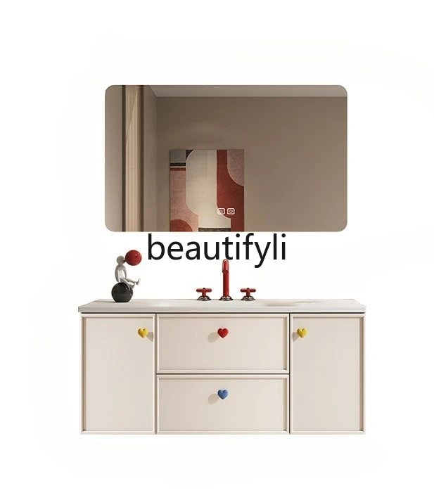 

Pure acrylic integrated basin cream wind dopamine solid wood paint smart bathroom cabinet customization