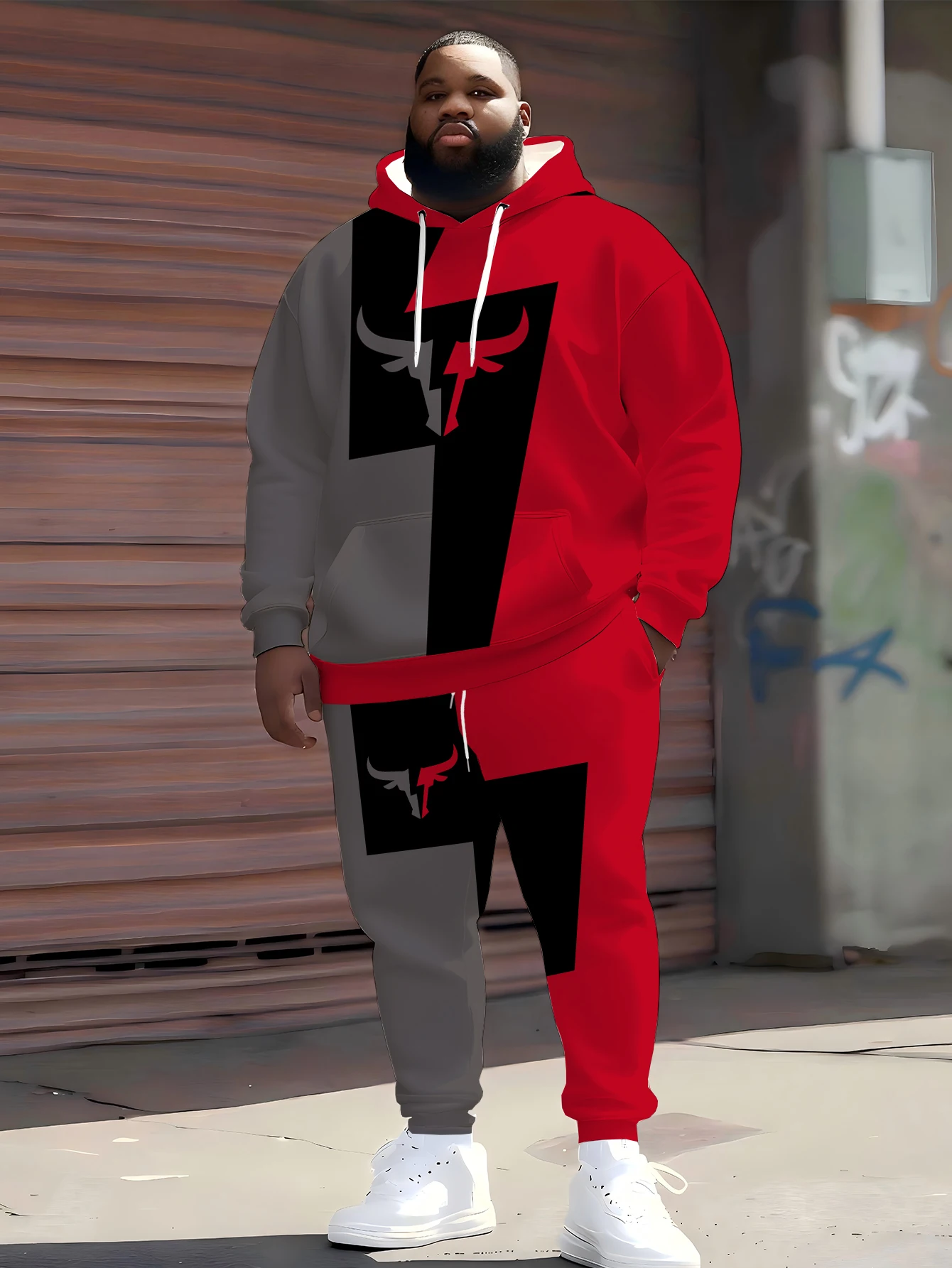 

2025 Trendy Oversized Hoodie Set - Sporty Bull Design & Color Splice, Breathable Fabric