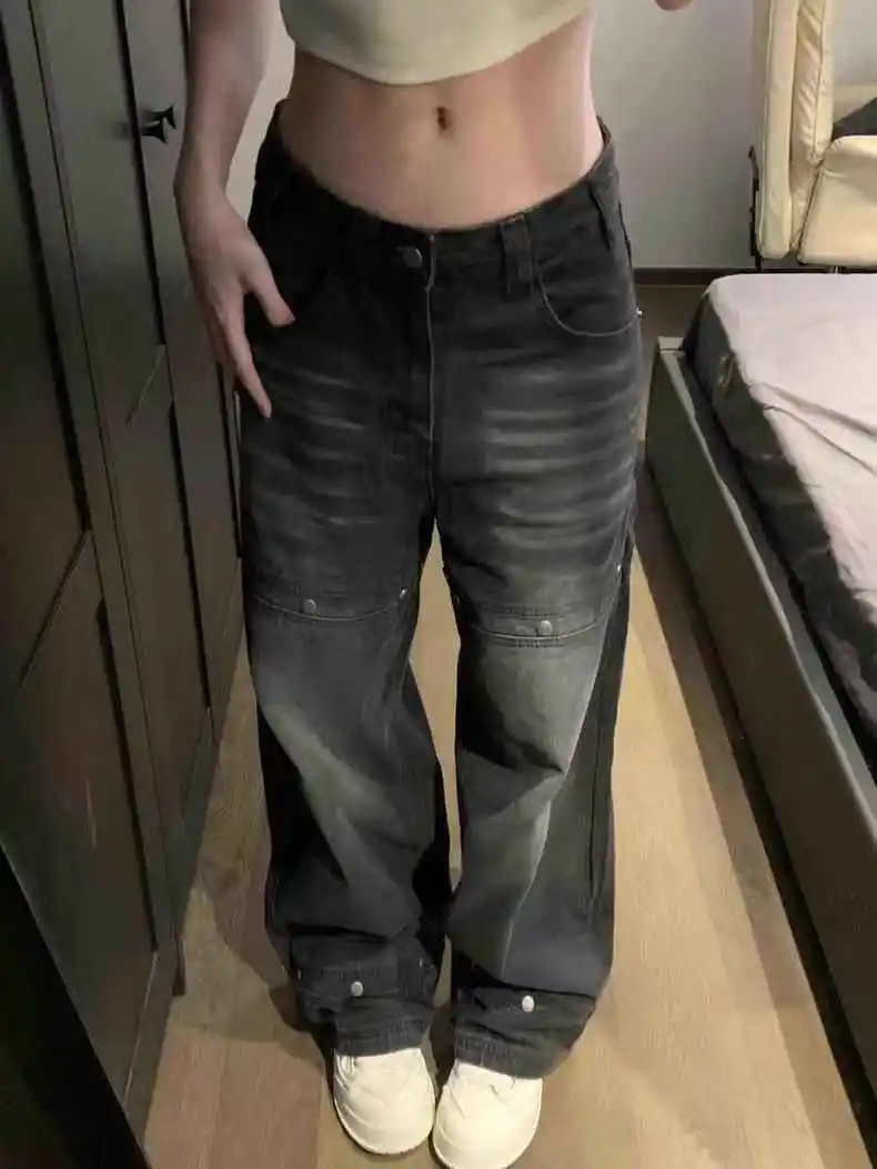 Damskie czarne sprane jeansy z nitami w stylu Y2k American Hip-Hop BF, luźne spodnie z szerokimi nogawkami, proste spodnie do ziemi w stylu \"laziness\", Ins