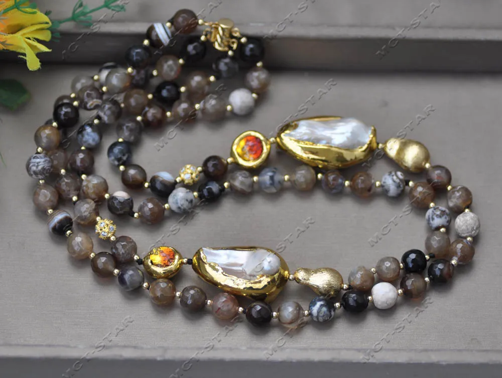 

2row 21" 38mm Brown Round Agate White Baroque Pearl Necklace （Z13580 ）