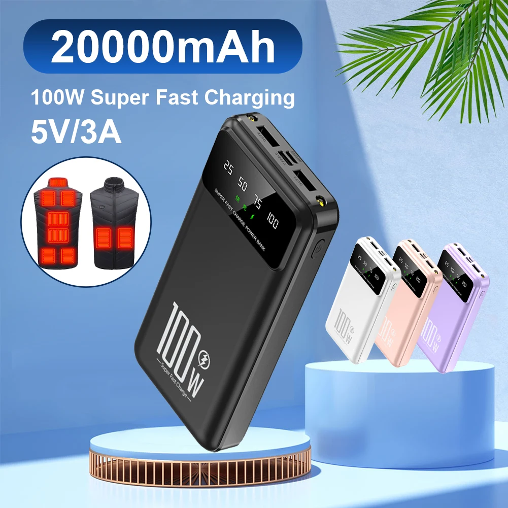 Portable Power Bank 20000mAh PD 20W Type-C Fast Charger with 3 Outputs LED Light for iPhone 14 15 Heating Vest Jacket Socks