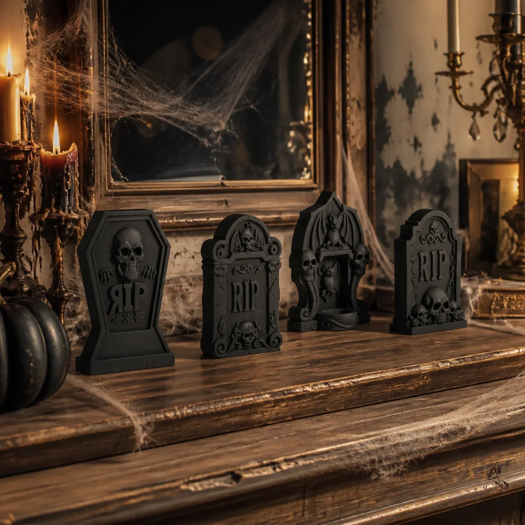4Pcs Halloween Gothic Tombstone Statue Set, 3D Printed Black Resin RIP Skull Gravestone Figurines, Tabletop Tealight Holder Hall