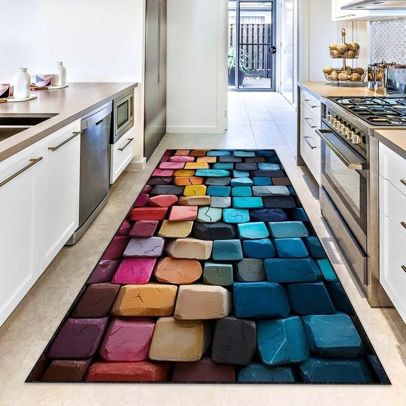 Visual Stereoscopic Geometric Printing Runner Rug Colorful Square Floor Mat Entrance Bedside Sofa Carpet Home Decoration