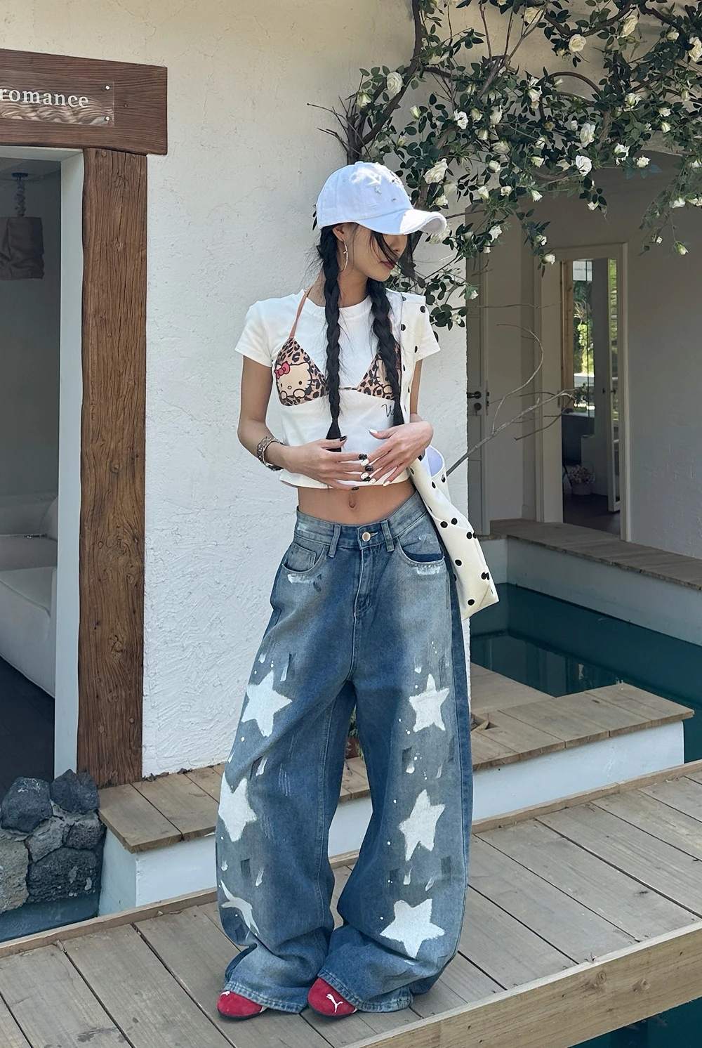 Women's Retro Star Print Pattern Jeans Straight Denim Trousers Girl Wide Leg Pants Female High Waisted Fashionable Sweatpants