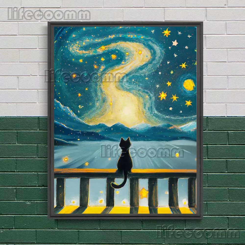 Black Cat And White Cat Under The Dreamy Starry Sky Vintage Wall Art Canvas Painting Van Gogh Impressionist Art Poster And Print